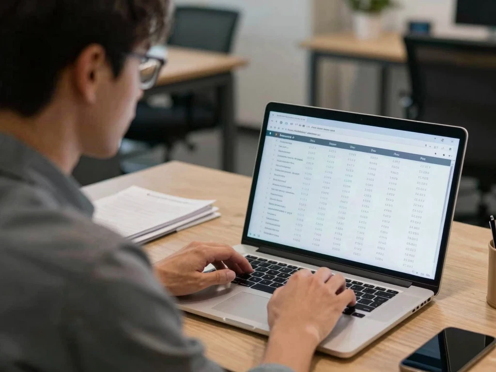 Professional analyzing time management data on laptop