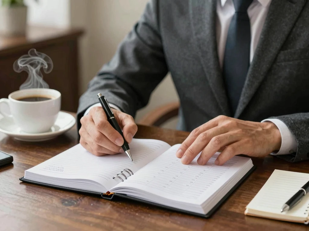 Business professional planning schedule with calendar and notes