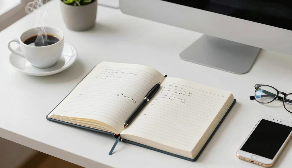 Professional workspace with organized planner and coffee